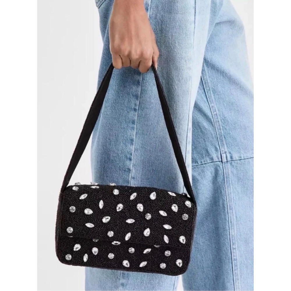 Black Beaded Shoulder Bag with Crystal Rhinestone Embellishments Evening Purse
